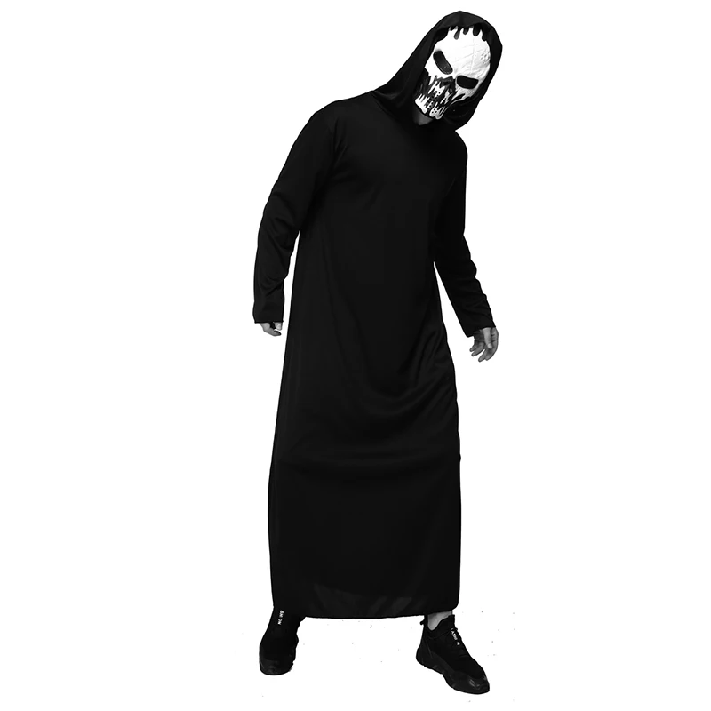 Ghost Face Hooded Gown Costume Adult Scary Demon Skeleton Costume Unisex Halloween Death Cosplay Black Robe With Mask
