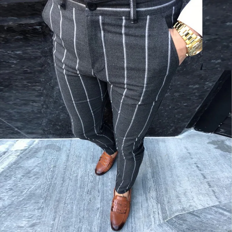 CYSINCOS мужские s чиносы облегающие узкие брюки для мужчин Чино Брюки Клетчатый дизайн модные серые с полосками повседневные однотонные брюки