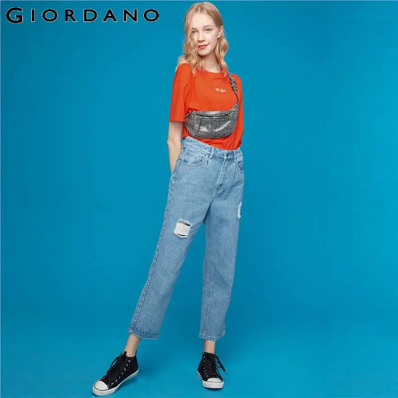 Giordano/женская футболка с вышивкой и круглым вырезом; футболка с коротким рукавом; женские летние топы свободного кроя; Camisetas Mujer 90399255