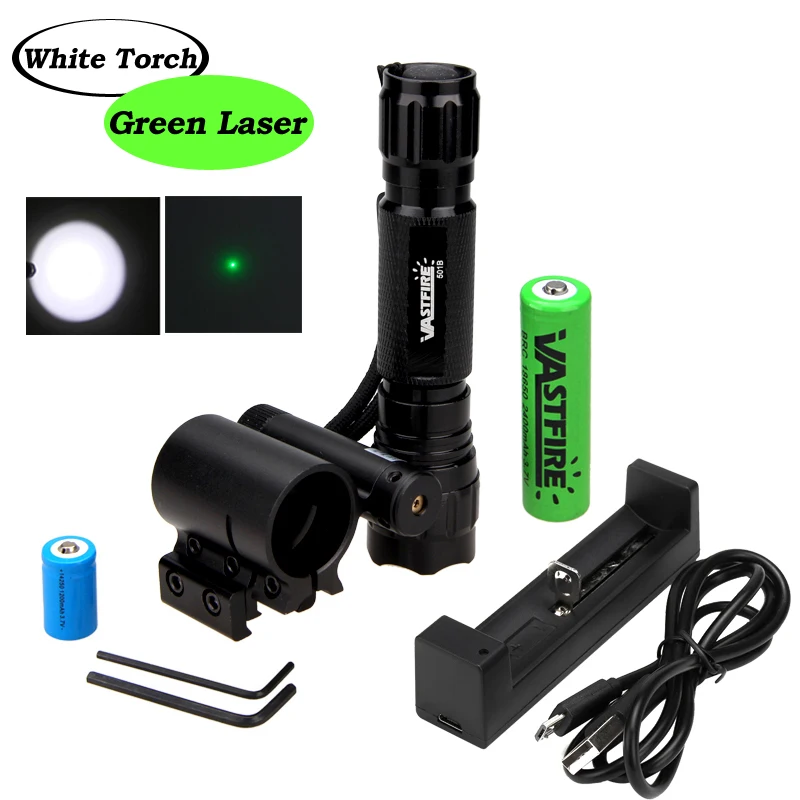

501B T6 White Scout Weapon Light Airsoft Linterna Hunting Rifle Flashlight+20mm Rail Mount Green Laser Pen Dot+18650+CR2+Charger