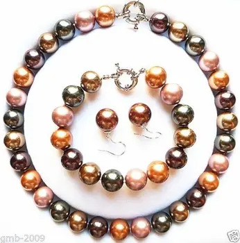 

Fashion 14mm Mix Colors South Sea Shell Pearl Necklace Bracelet Earring Sets