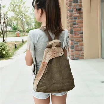 

New Canvas Women's Backpack Leisure Travel Multi-function Bag Creative Cowhide Canvas Stitching Backpack