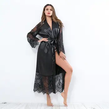 

Sexy Pajama Dress Lingerie Temptation Robe Long Sleeve Lace Nightgown with Belt Sleepwear Satin Women Bridesmaid Bathrobe