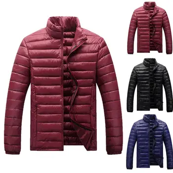 

Men Winter Solid Color Stand Collar Zip Pockets Cotton Padded Warm Down Coat