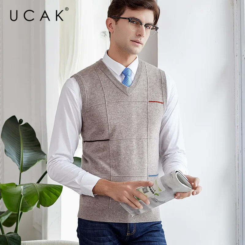 70% OFF UCAK Brand Pure Merino Wool Sweater Vest 2019 New Arrival Casual Autumn Winter Pull Homme Streetwear Sweaters Clothes U3114