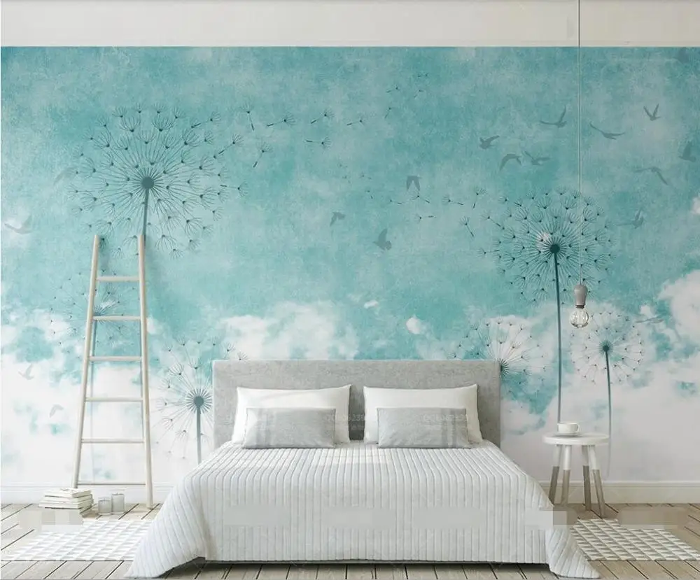 

XUE SU Wall covering custom wallpaper mural small fresh blue Nordic style dandelion bird TV background wall