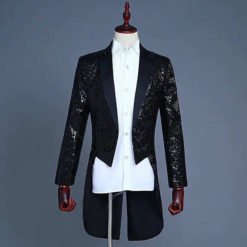 

Mens Night Club Bling Sequins Tailcoat Stage Clothes Blazer Suit Jacket Slim Fit Magic Performance Shiny Outerwear Blazer 3XL