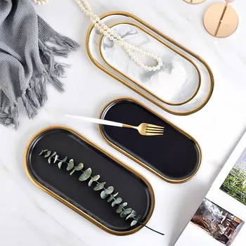 

Gold-plated ceramic marble storage tray food fruit breakfast oval plate jewelry tray dessert plate decoration WF9241030