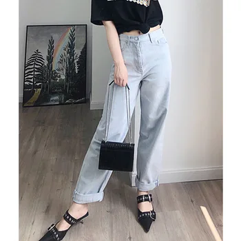 

Women High Waist Denim Jeans 2020 New Summer straight fashion Slim lady long pants trousers