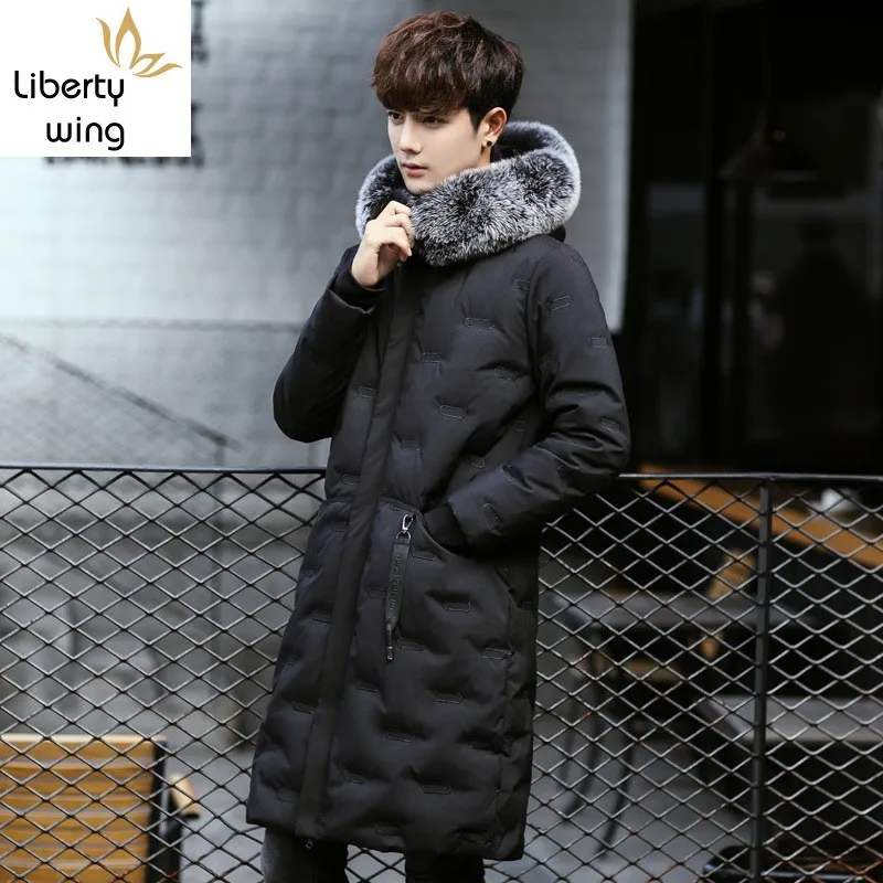 

New Winter Mens Slim Fit Long Coat Padded Warm Down Jacket Male Fur Straight Hoody Outwear Overcoat Casual Thick Parka Plus Size