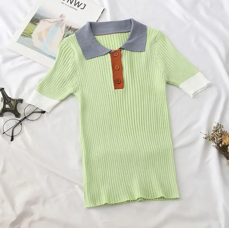 Xuan/элегантная цветная облегающая футболка-поло с изображением ветра, тонкая женская футболка с короткими рукавами в Корейском стиле - Цвет: Green