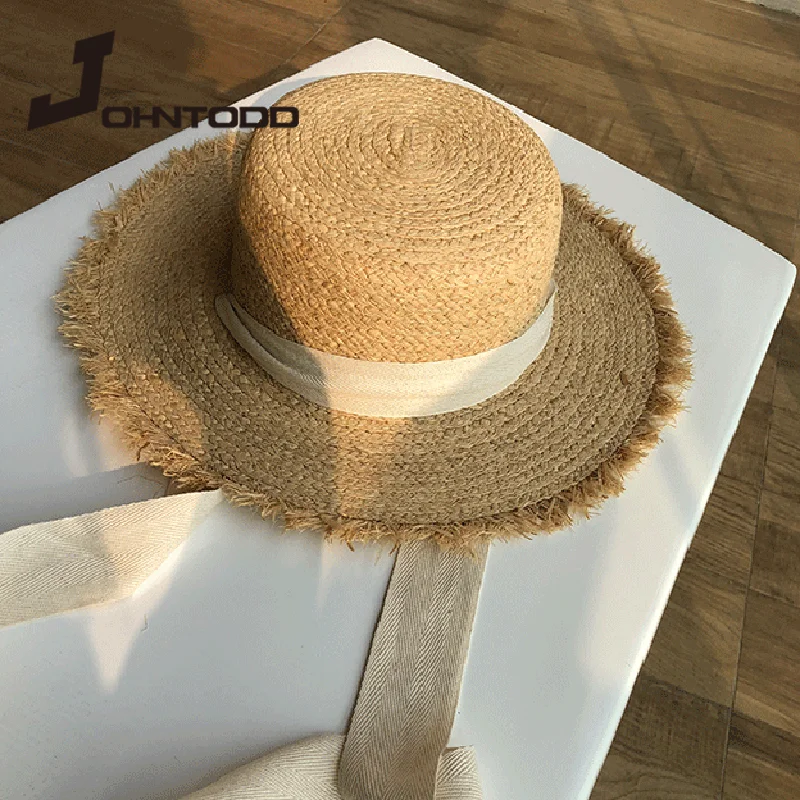 Straw Hat Women Wide Brim Sun Protection Beach Black and White Ribbon Bowknot Cap Casual Ladies Flat Top Panama | Аксессуары для