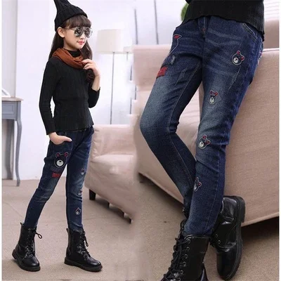 Dark blue Коллекция года, Осенняя детская одежда повседневные джинсы для девочек весенние узкие брюки с рисунком для больших детей Детские узкие брюки плотные леггинсы - Цвет: Dark blue