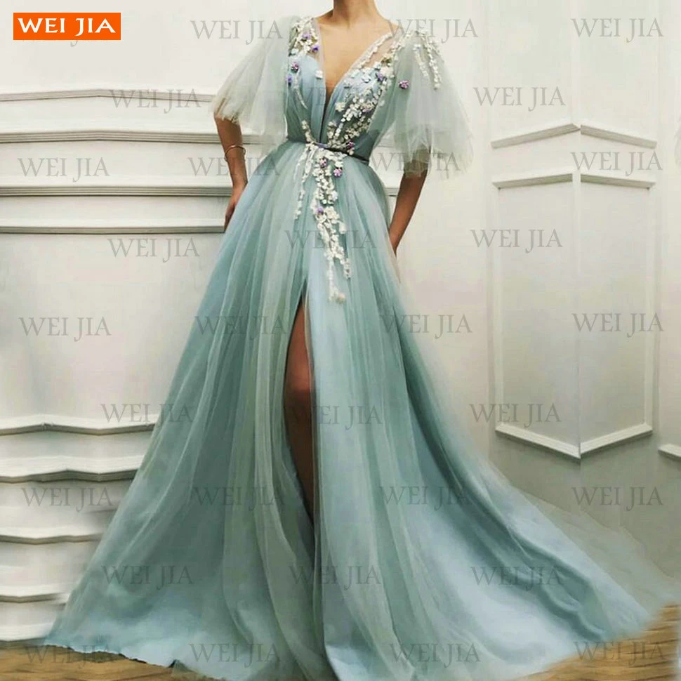 

Sexy Cyan Prom Dress Long V Neck Vestidos De Fiesta Lace Up Appliques Corset Split Tulle A Line Women Dresses Party Graduation