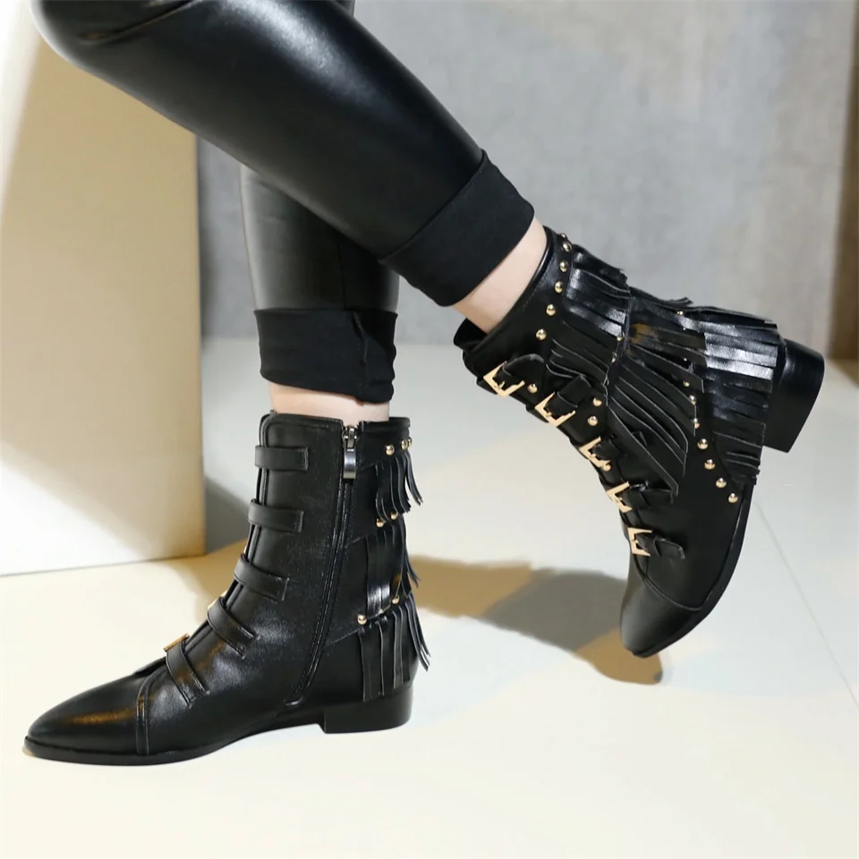 Women's booties real leather fabric belt buckle decorative pointed toe tassel design autumn and winter boots fashion shoes women