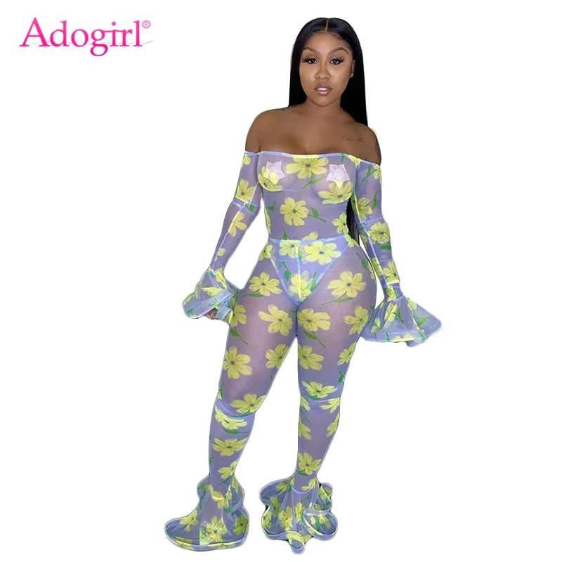 yellow jumpsuit Adogirl/женские сексуальные комбинезоны из прозрачной сетки с цветочным принтом, с вырезом лодочкой и расклешенными рукавами, брюки для ночных клубов, Комбинезоны - Цвет: yellow jumpsuit