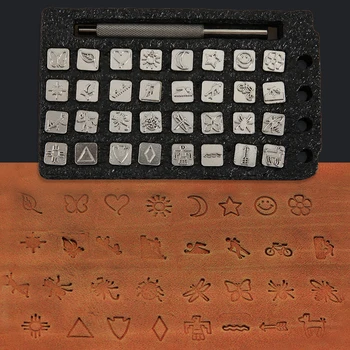 

32pcs Zinc Alloy Graphic Stamp Punch Set High Hardness Leather Craft Stamp Tools Leather Carving Seal Tools with Handle