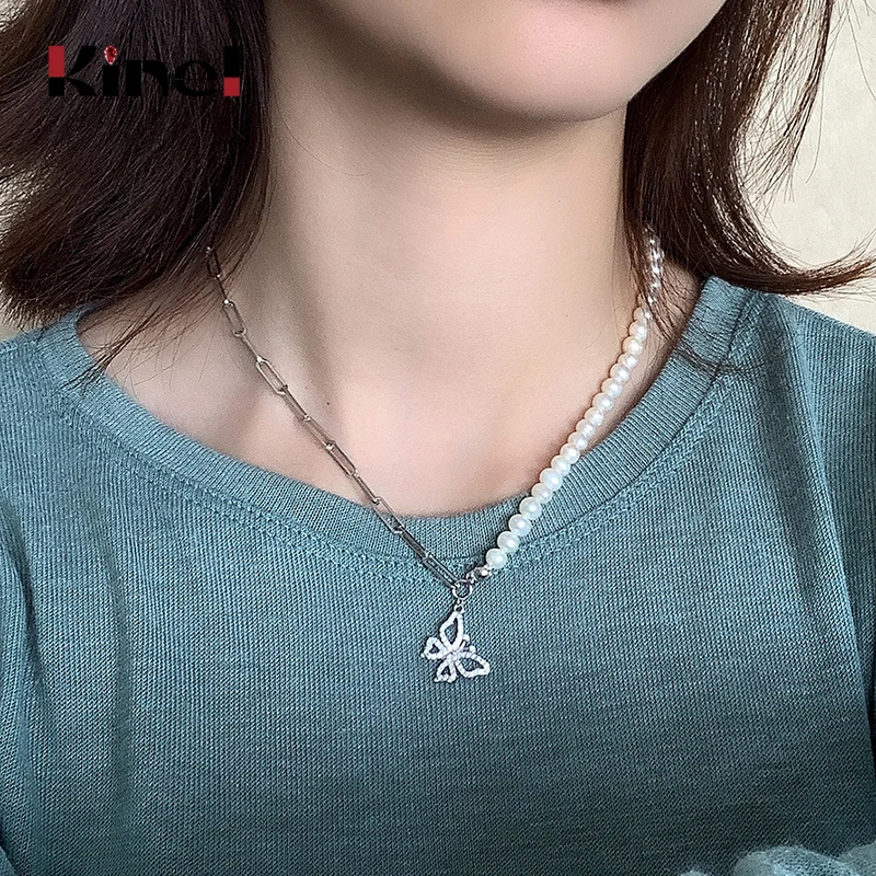 

Kinel 925 Sterling Silver Necklace Ladies French Fine Jewelry Natural Pearl Necklace CZ Butterfly Pendant Clavicle Chain Gift
