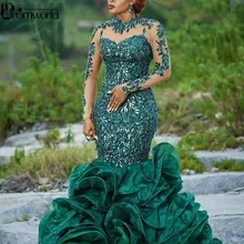 Abendkleider Hunter Зеленые Вечерние платья из органзы с аппликацией, кружевом и длинными рукавами, торжественное платье с блестками, платье для выпускного вечера
