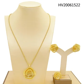 

Yulaili Brazil's Gold Color Pendant Necklace Stud Earrings Ring for Women Wedding Jewelry Sets Fashion Party Accessories