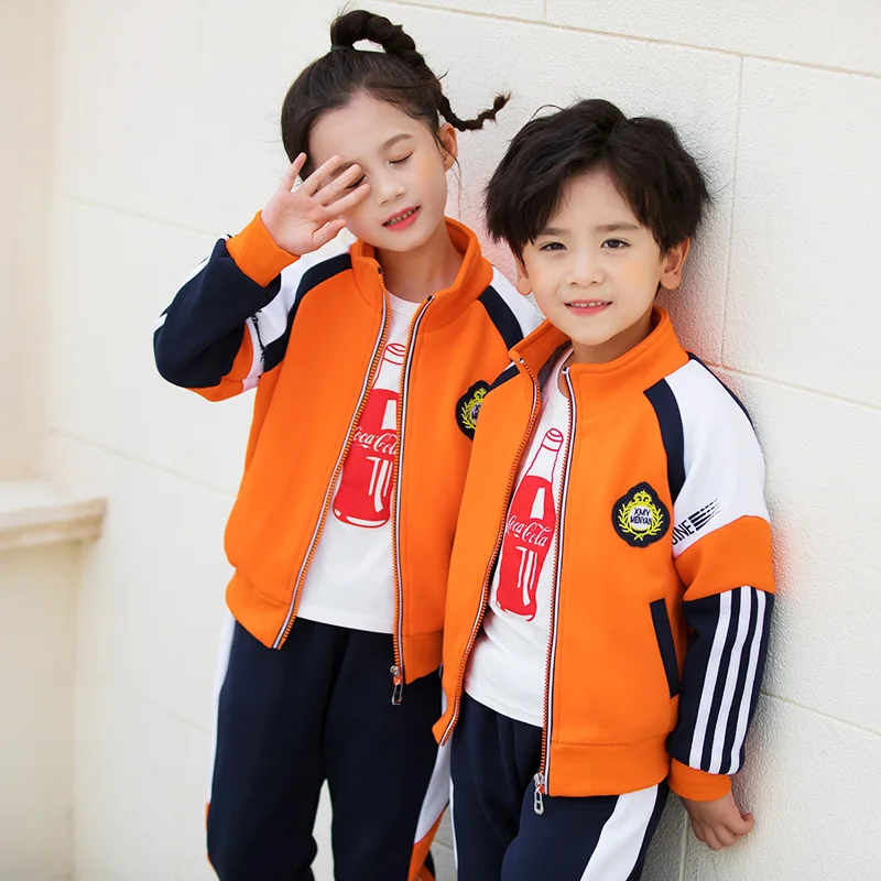 Fall Winter Primary School Uniform Thick Jacket Pants Suit Velvet Kindergarten Student Clothes Orange Sportswear Outfit