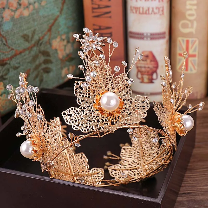 Vintage Wedding Bride Hair Jewelry Ornaments Full Circle Crystal Bridal Tiaras and Crowns Gold Leaf Floral Pearl Noiva Diadem
