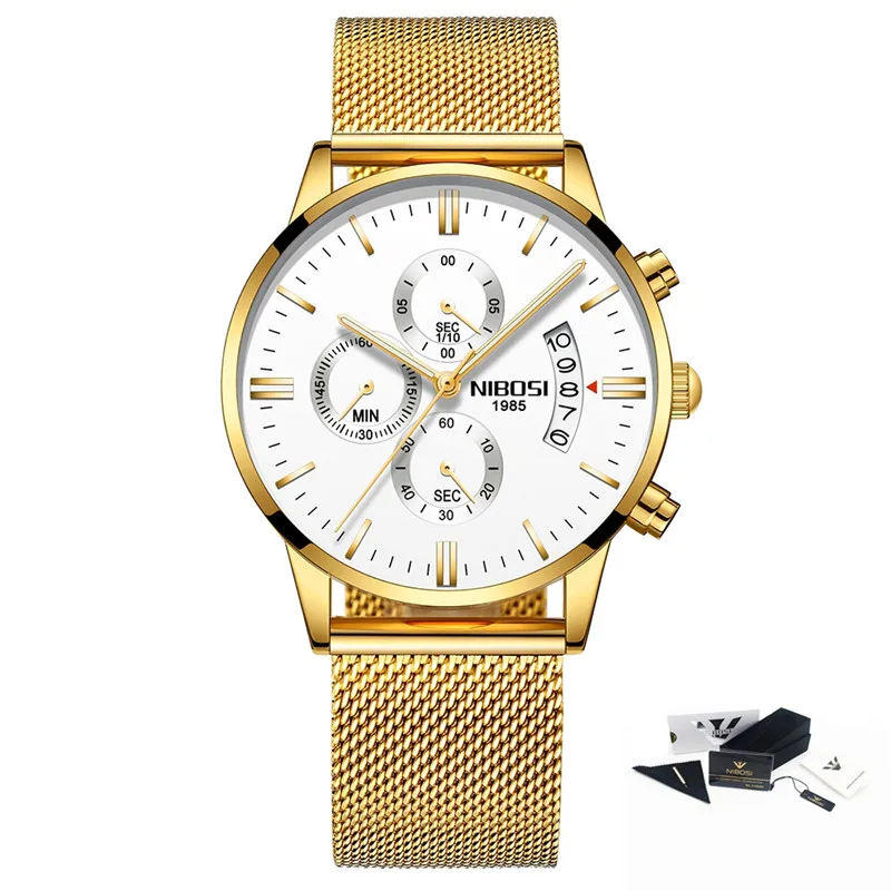 18 with box NIBOSI Relogio Masculino мужские спортивные часы с хронографом модные повседневные золотые кварцевые наручные часы водонепроницаемые Роскошные мужские часы - Цвет: 18 with box