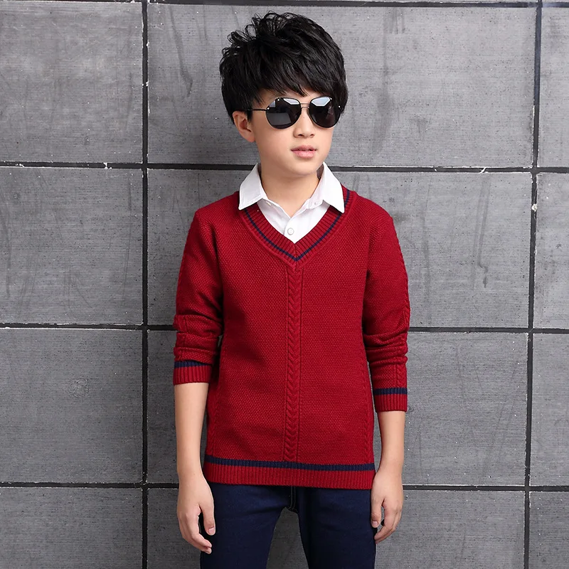 Детский осенний вязаный шерстяной свитер для мальчиков зимний детский Повседневный свитер с длинными рукавами и v-образным воротником Теплый пуловер для девочек, свитер - Color: Red