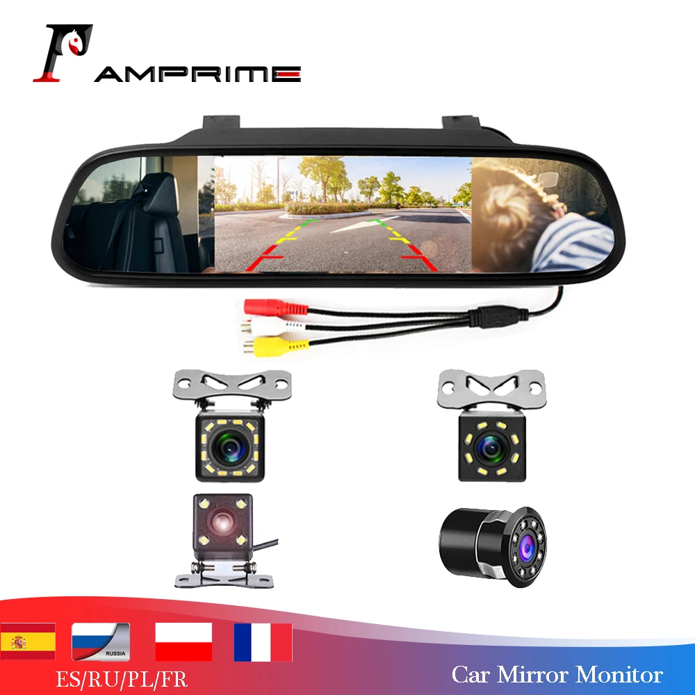Comprar AMPrime 4,3 pulgadas coche HD espejo retrovisor Monitor CCD Video Auto estacionamiento asistencia LED visión nocturna marcha atrás cámara de visión trasera