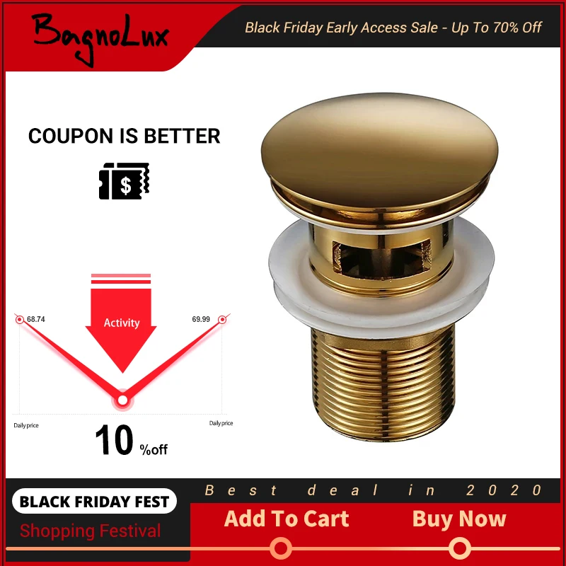 Bagnolux Polished Gold Basin Sink Drainer Corrosion Resistant Easy To Clean Pop Up Button Round Hole Bathroom Hotel Drainer