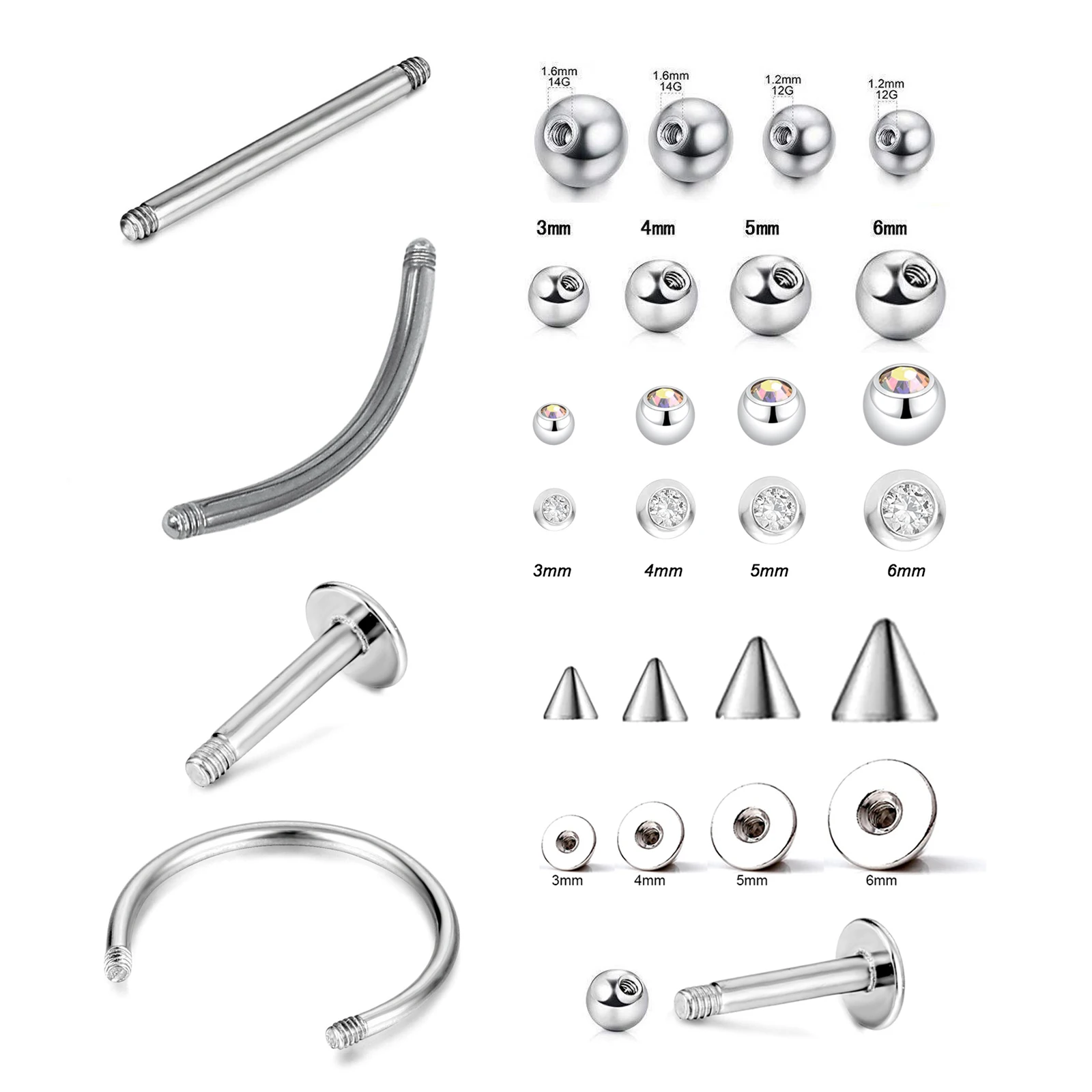 Threaded Barbell Blanks Eyebrow Rose Belly Bars Curved rod Surgical Steel 14G 16G Helix Labret Piercing Spare 10pcs piercing jewelry,body piercing jewelry,body jewelry