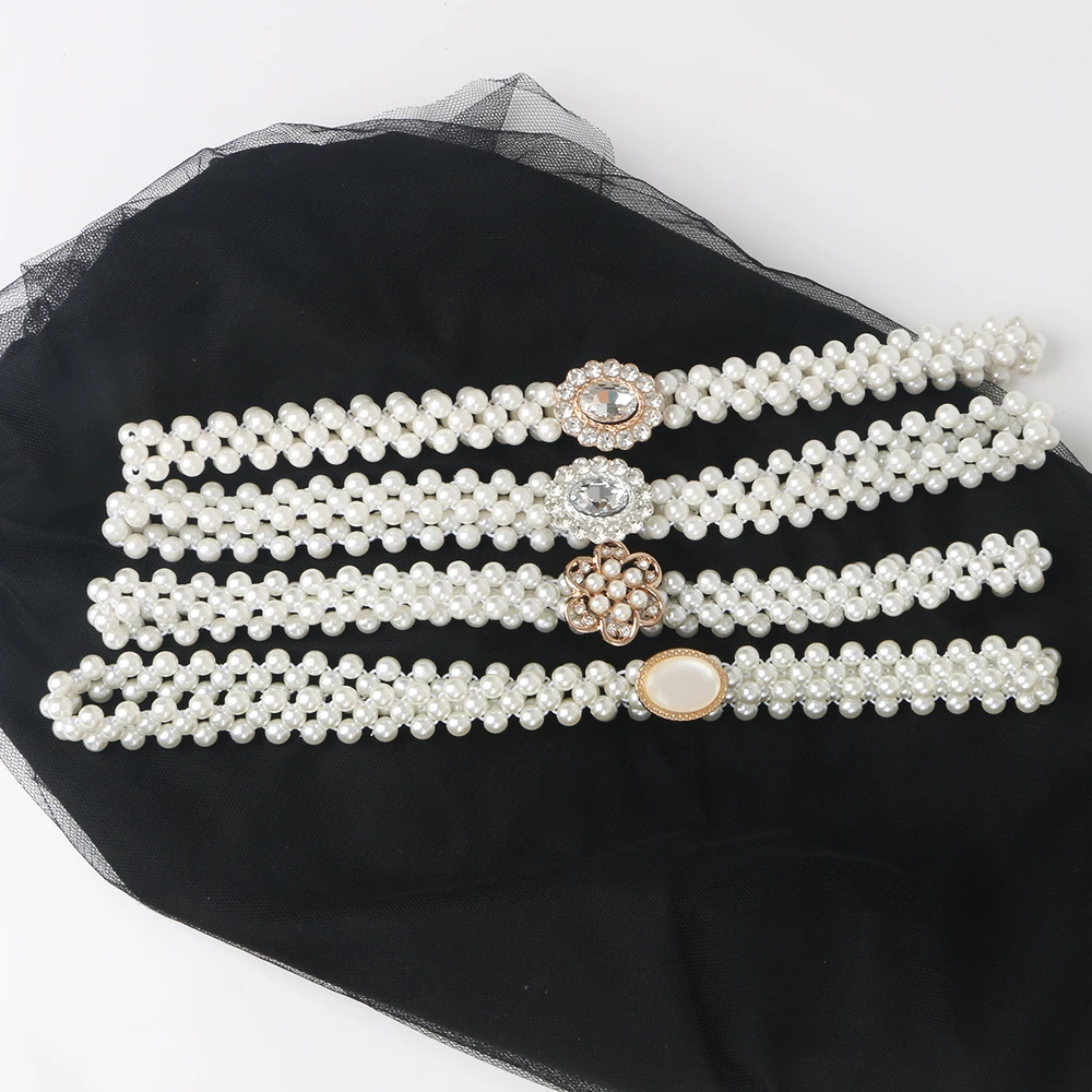 Rhinestone Buckle Weave White Pearl Belt Crytle For ladies girl Elasticity Waist Fit for Waist circumference less than 80cm