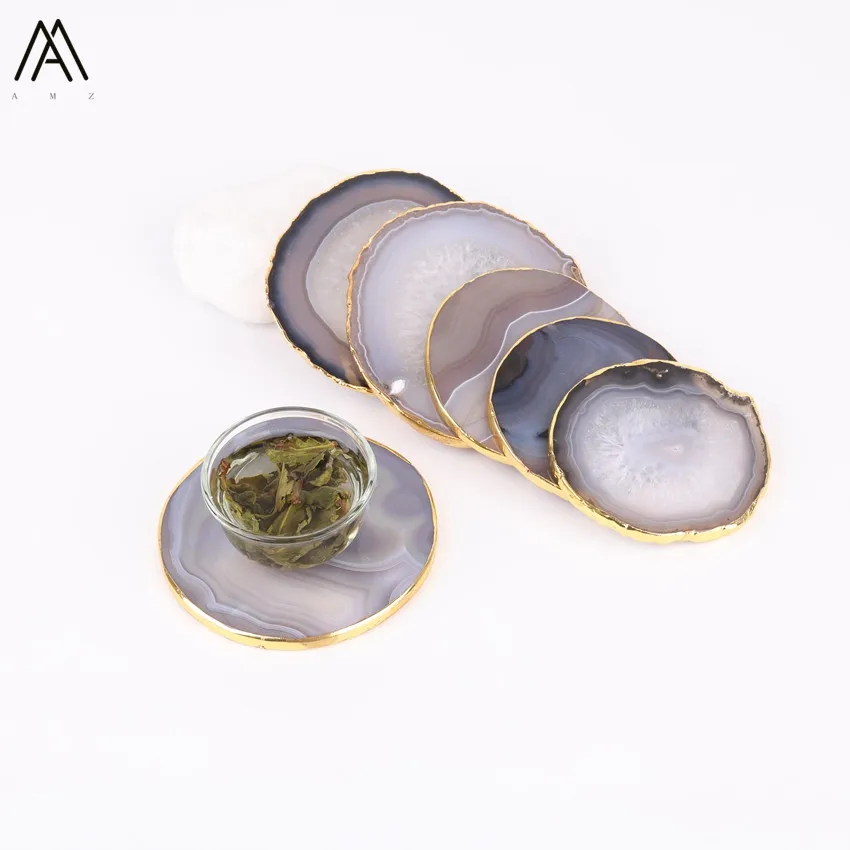 

3PCS Approx 70-90mm Plated Gold Edges Natural Agates Round Shape Coaster Teacup Mat Coffee Mike Juice Hot Drink Mat CX-07AMAJ