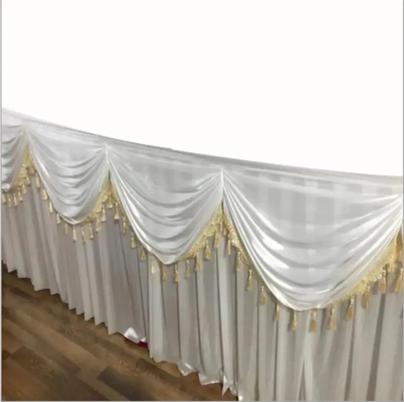 20ft Length (6M) Gold Table Skirts Ice Silk Solid Table Skirt Beautiful Swag with Tassel Cloth Wedding Decoration