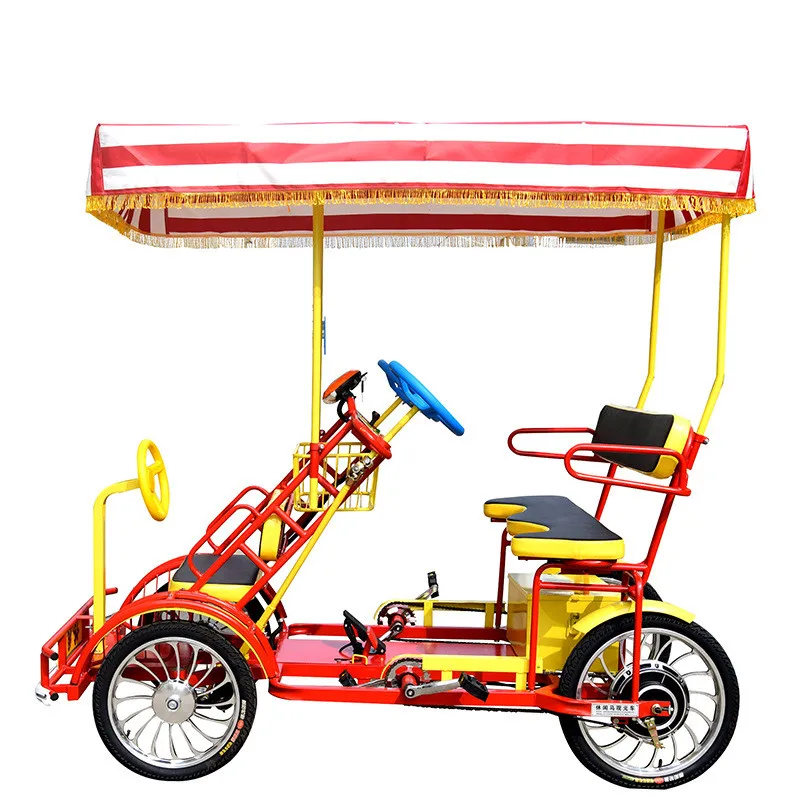 Single Row Pedal & Electric Bicycle Two Seater Tourist Surrey Bike Quadricycle Bikes with Shadow 48V Sightseeing Car 2pcs lot two seater pedal adult tourist tricycle road tandem bike sightseeing bicycle for sale