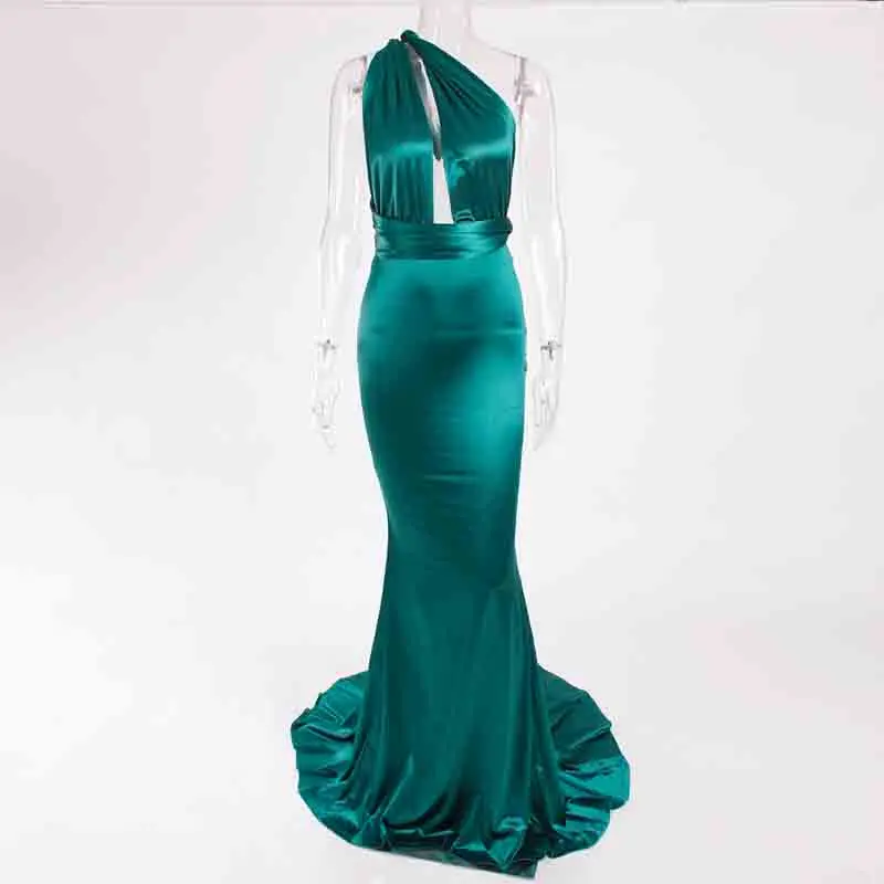 Green Сексуальные русалки атлас платье атласное длина полаплатье для вечеринки пустотелый DIY ремень тугой без спинки платье в макси - Цвет: Green