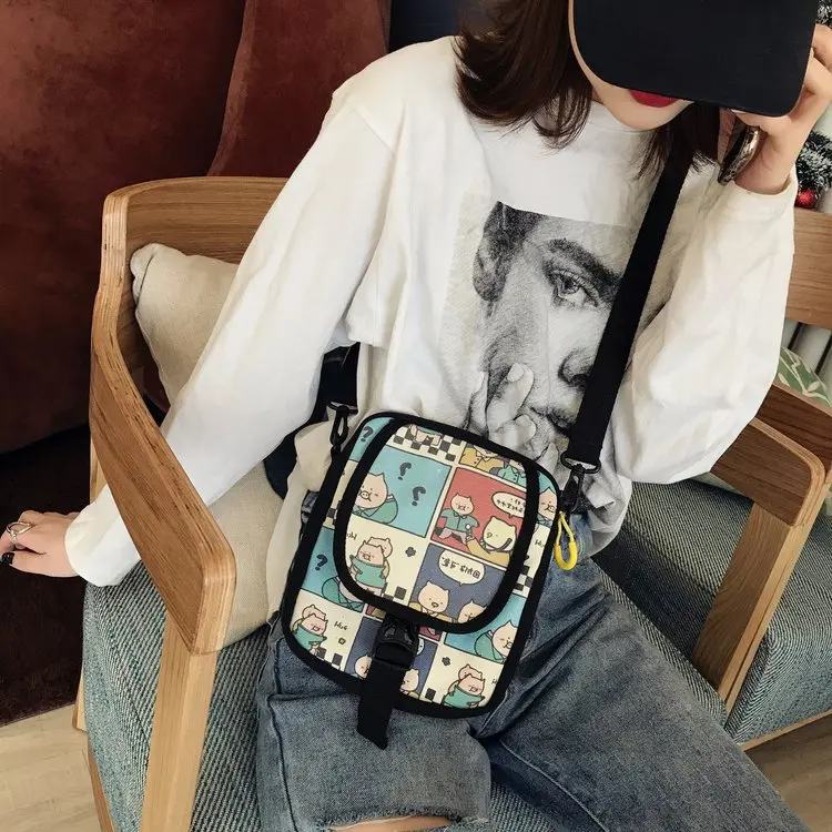 

Japanese-style INS GIRL'S Heart Cartoon Printed Canvas Crossbody Bag Bag Soft Girl College Style Cute Adorable One-Shoulder Bag
