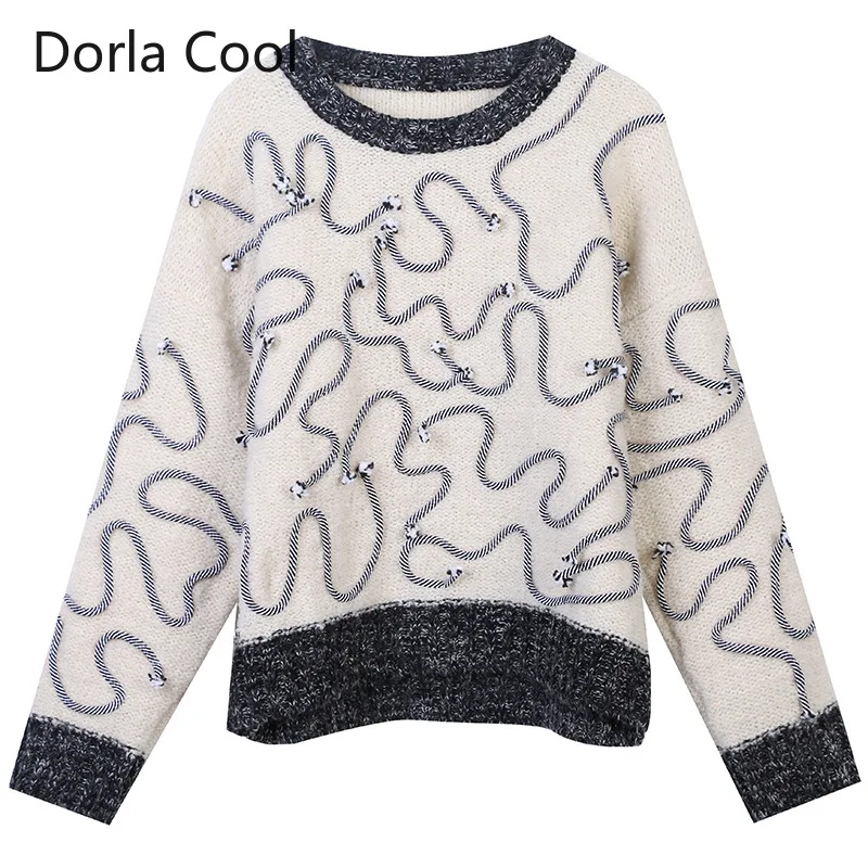 

New 2020 Designer Women Thick Sweaters Patchwork Striped Lines O-neck Pullovers Lady's Loose Knitted Tops Party Casual Clothing
