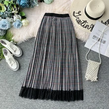 YuooMuoo Винтаж Высокая Талия кружевное платье в стиле пэчворк клетчатая юбка Для женщин в Корейском стиле, ретро длинная юбка осень-зима юбка для Для женщин