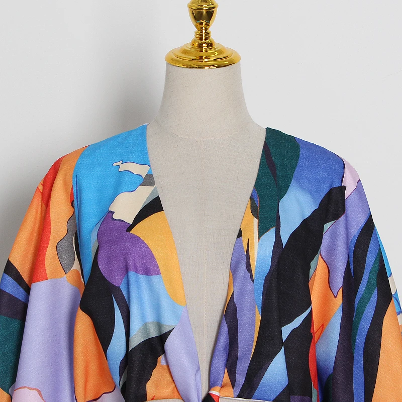 细节 (1).JPG TWOTWINSTYLE Casual Print Summer Dress Women V Neck Lantern Half Sleeve High Waist Hollow Out Hit Color Midi Dresses For Female