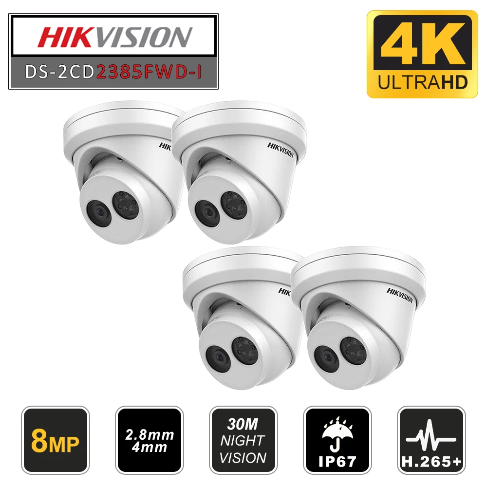 Hikvision оригинальная ip-камера 4 шт. DS-2CD2385FWD-I 8MP H.265+ POE CCTV сетевая камера безопасности 30 м ИК диапазон купольная ip-камера