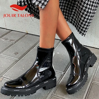

JOUIR TALONS Top Quality Fashion Stylish Platform Slip-On Autumn Winter Solid Patent Round Toe Ankle Female Zip Boots