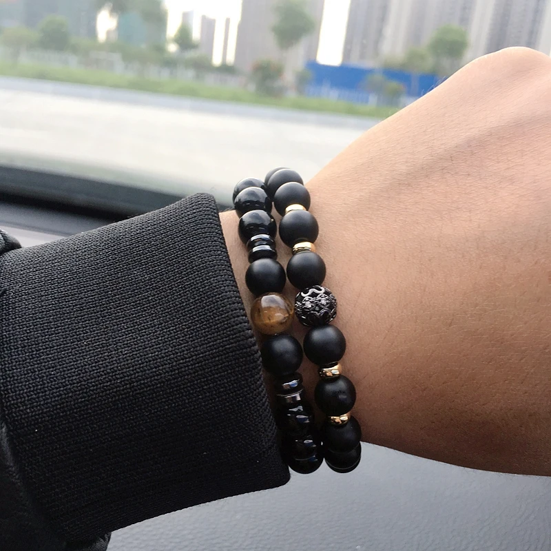 

Fashion Men Bracelet New style charm Jewelry Black Hollow ball 8mm matte onyx stone bead bracelets Male pulsera hombre gift
