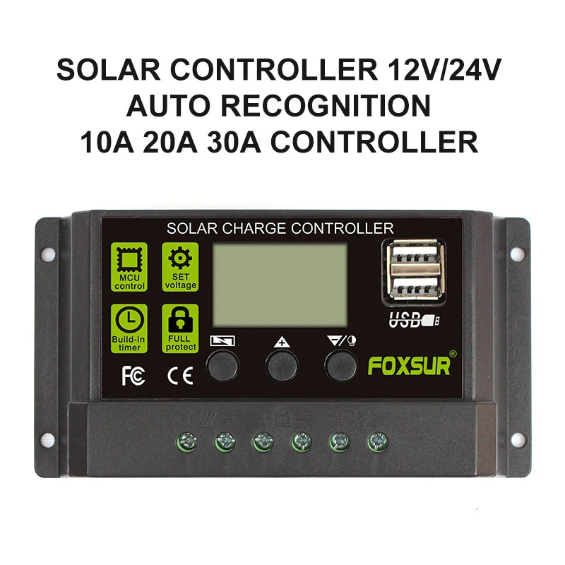 Solar Charge Controller 12V/24V Automatic Identification 10A 20A 30A Controller LCD Display Dual USB 5V Output Charger Regulator