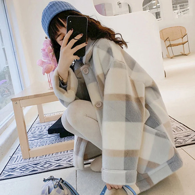 

Lamb Wool Coat Women's Autumn And Winter Short New Korean Loose Wild Fluffy Plaid