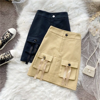 

Fashion Pockets Women Solid Skirt A-line Zipper Fly High Waist Ladies Skirts Casual Pack Hip Button Females Above Knee Skirt