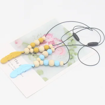

Silicone Feather Teether Necklace with BPA Free Wood Beads Pendant DIY Teething Necklace Baby Nursing Chew Toy