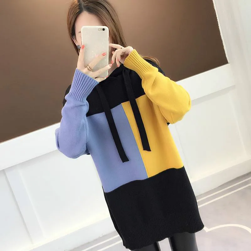 yellow Neploe Pull Femme контрастный цвет женский зимний свитер длинный рукав с капюшоном Теплый трикотаж джемпер трикотажные топы пуловеры 55343 - Цвет: yellow