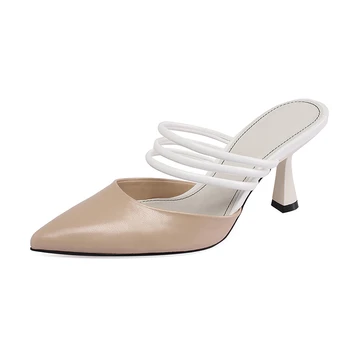

Newest Genuine Leather Slippers for Women High Heels Sandals Elegant Pointed Toe Slippers Summer Basic Casual Shoes Woman