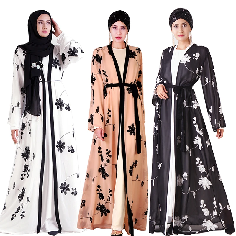 

Flowers Muslim Embroidery Maxi Dress Abaya Flare Sleeve Cardigan Long Robe Gowns Jubah Kimono Ramadan Eid Arab Islamic Prayer